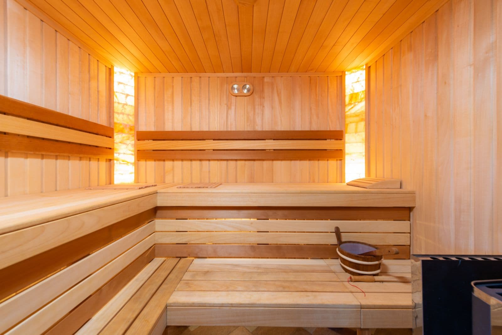 Illustrative stock photo of a wooden sauna interior